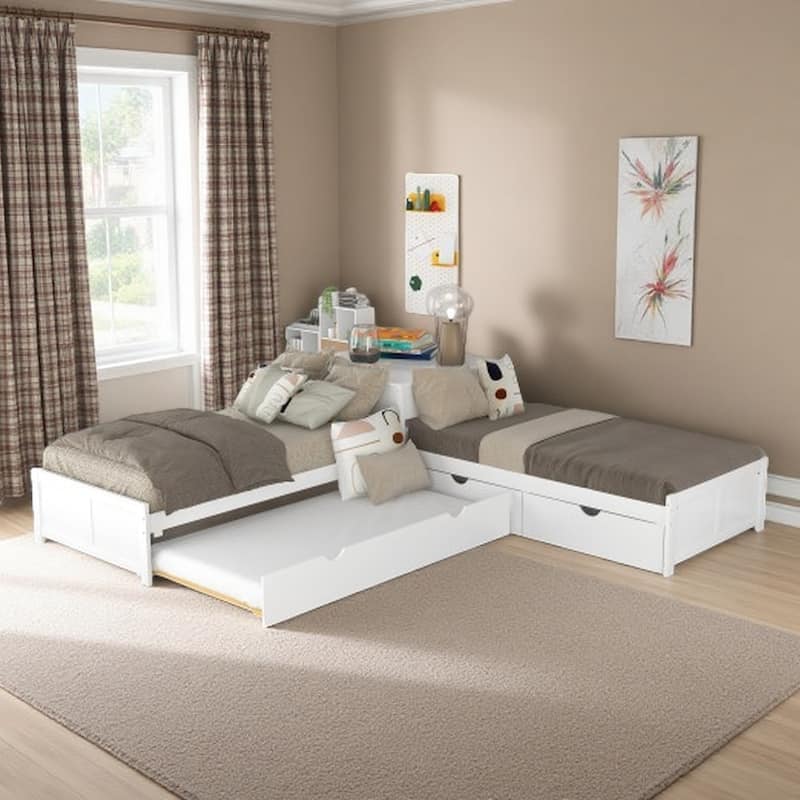 Solid Wood L-Shaped Bed with Trundle, Desk & Drawers - 3-in-1 Sleeping and Study Area - White