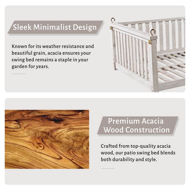 Premium Acacia Wood Patio Swing Bed with Ropes - Comfortable Outdoor Twin-Size Swing for Garden, Porch, or Backyard