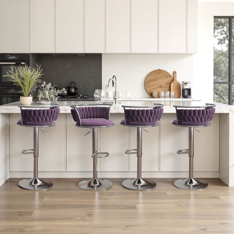 4 Set Modern Velvet Adjustable Swivel Bar Stools with Metal Frame - Silver/Purple