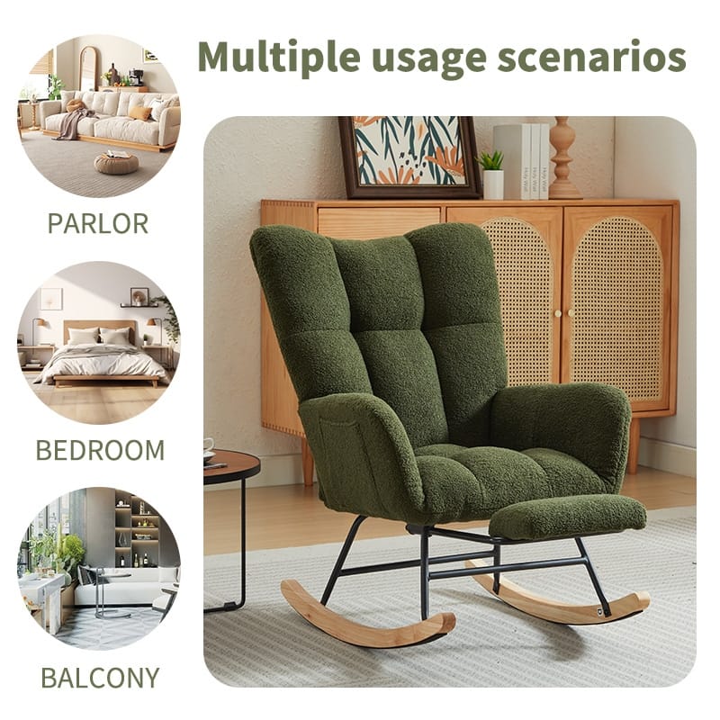 Teddy Fabric High-Back Glider Rocking Chair with Solid Wood Legs and 30° Gentle Swing