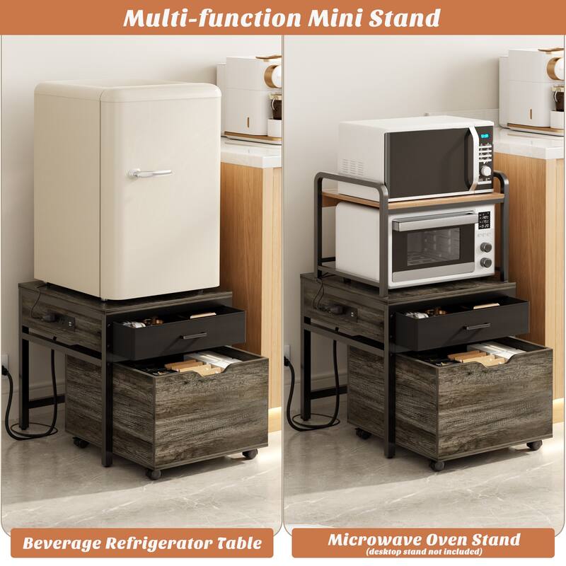 Mini Fridge Stand with Charge Station, Side/ End Table with Storage Drawers and Rolling Cabinet