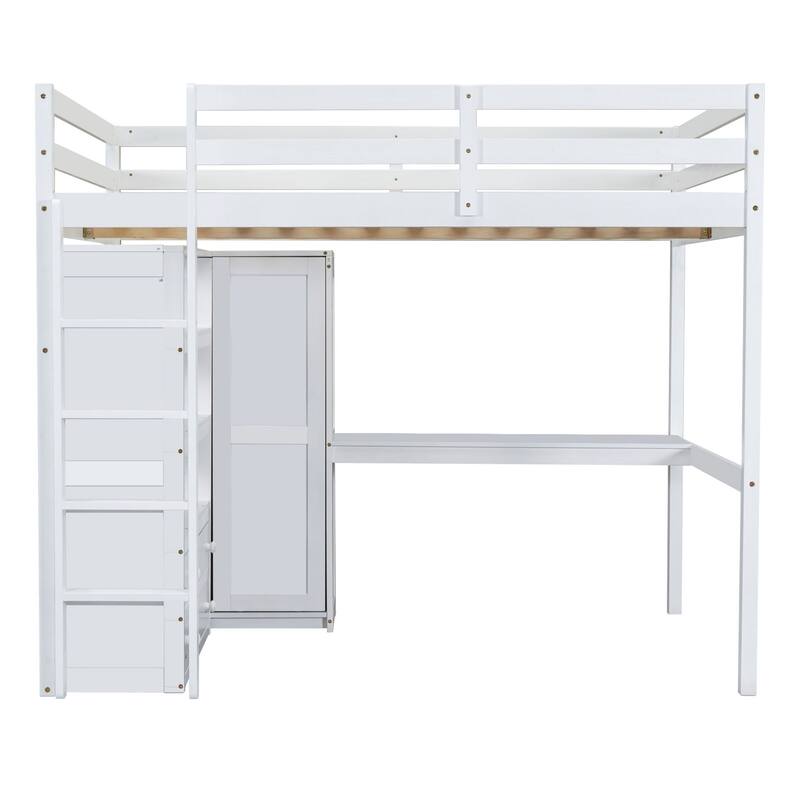 Full Size Loft Bed with Built-in Wardrobe, Desk, Storage Shelves, and Drawers, White