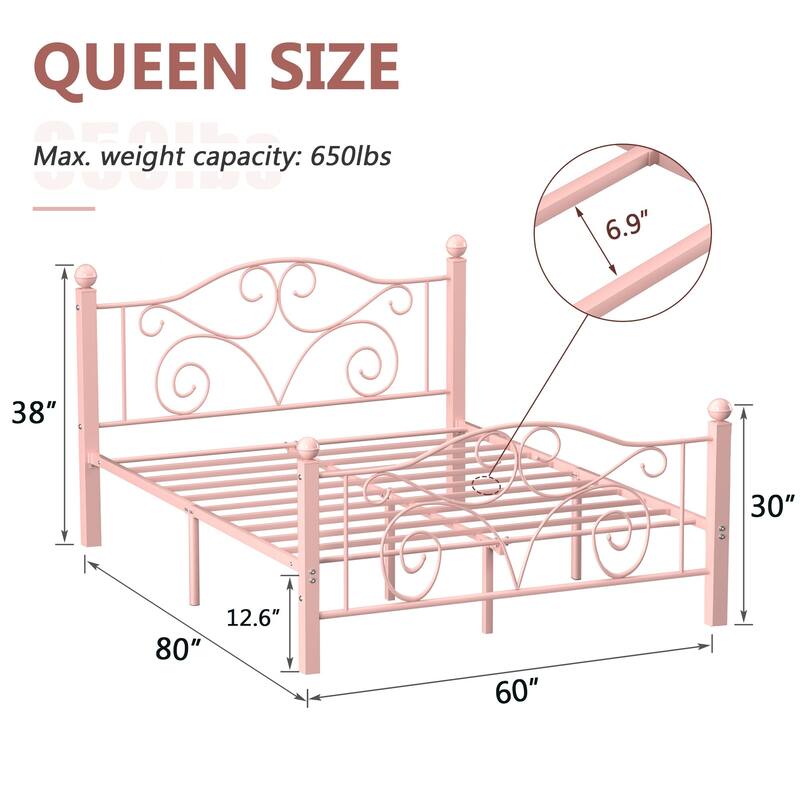 Victorian Style Metal Bed Frames with Headboard,No Box Spring Needed
