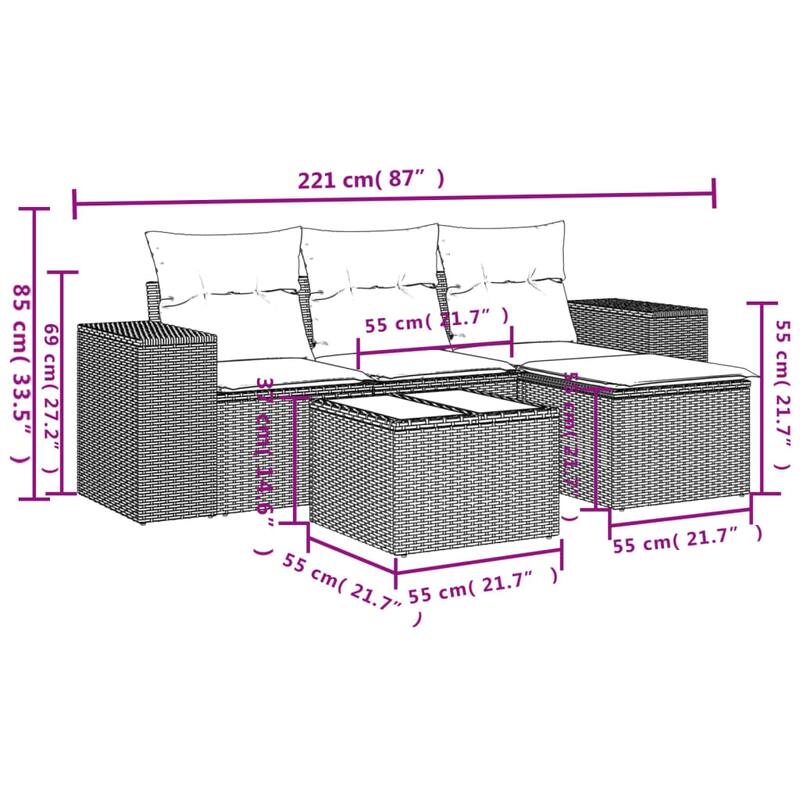 vidaXL Patio Sofa Set with Cushions Outdoor Conversation Furniture Poly Rattan - 21.7 x 21.7 x 14.6