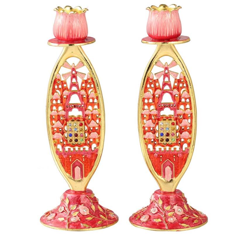 Matashi Shabbat Candlestick (2Piece Set) HandPainted, GoldPlated Pewter Adorned w/ Priestly