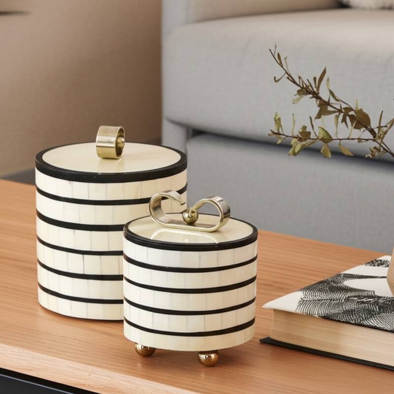 Resin Boxes Stripe Inlay with Lid Handles (Set of 2) - 9", 7" Cream - 6.5" x 6.5" x 9"