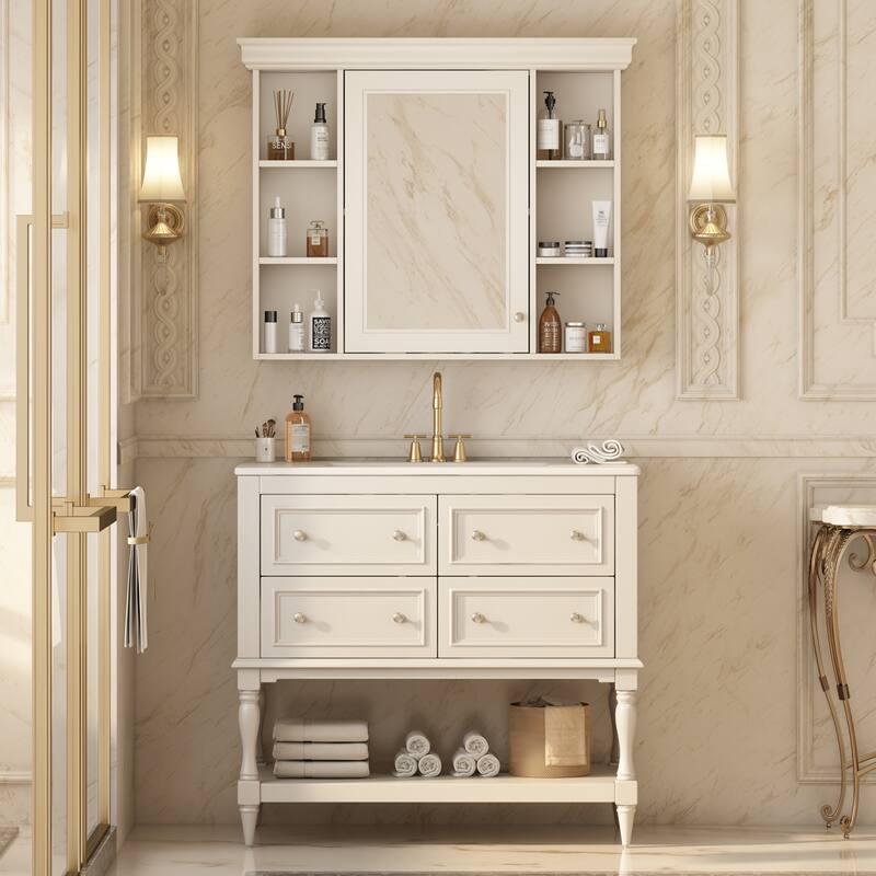 Roomfitters 36" Vanity with Medicine Cabinet, Mirror Cabinet with Shelf, Solid Wood Bathroom Cabinet with 4 Drawers - Beige
