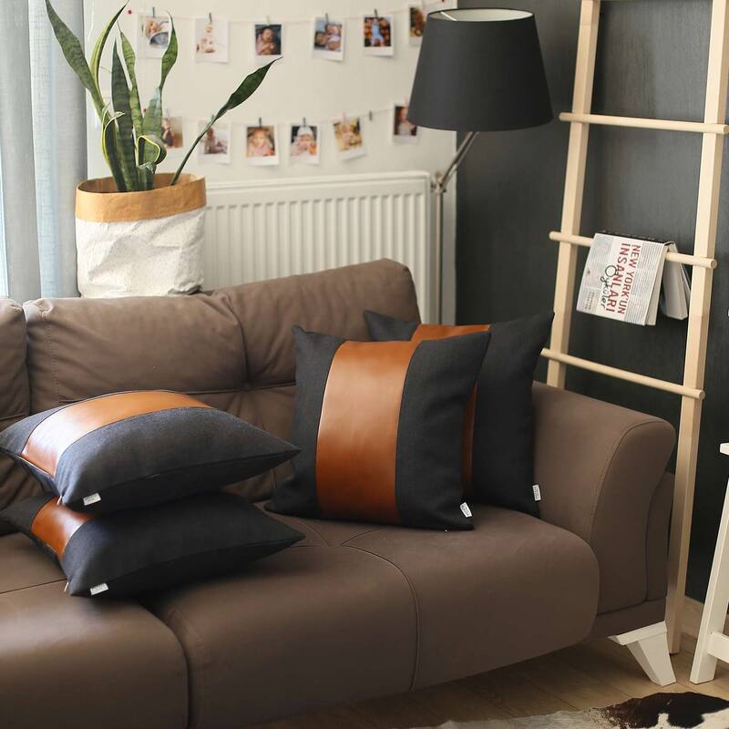 Boho-Chic Decorative Vegan Faux Leather Pillow Covers 4 PCS - 18x18 - Black-Brown