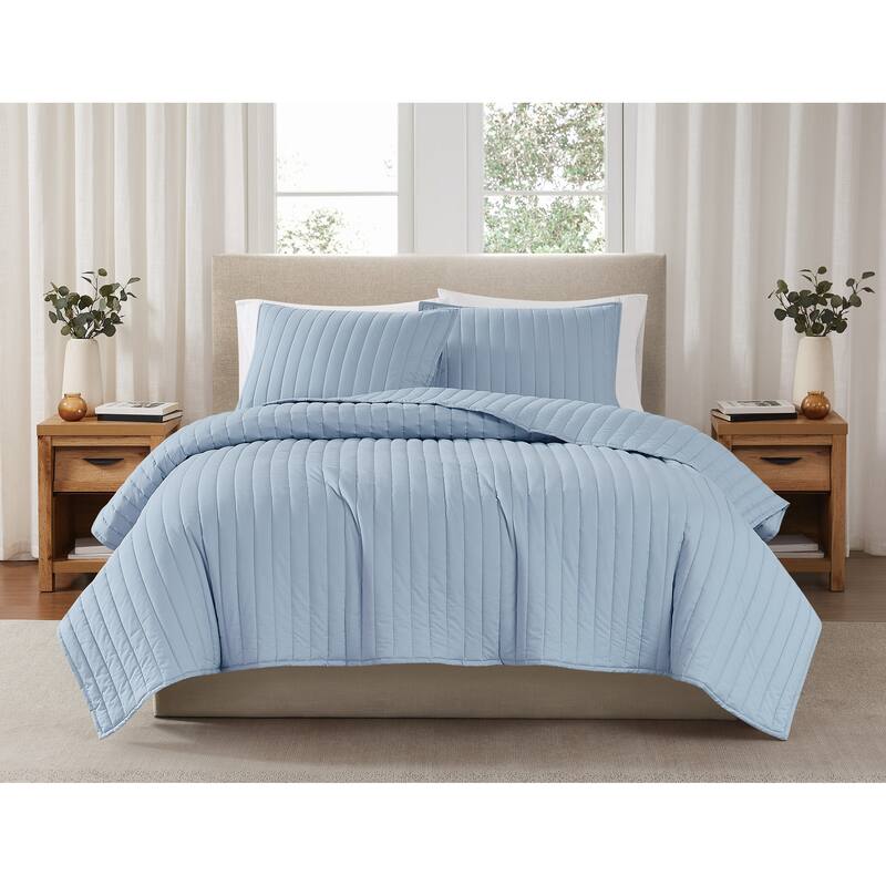 Brooklyn Loom Solid Cotton Percale Quilt Set - Full - Queen - Sky Blue - 3 Piece