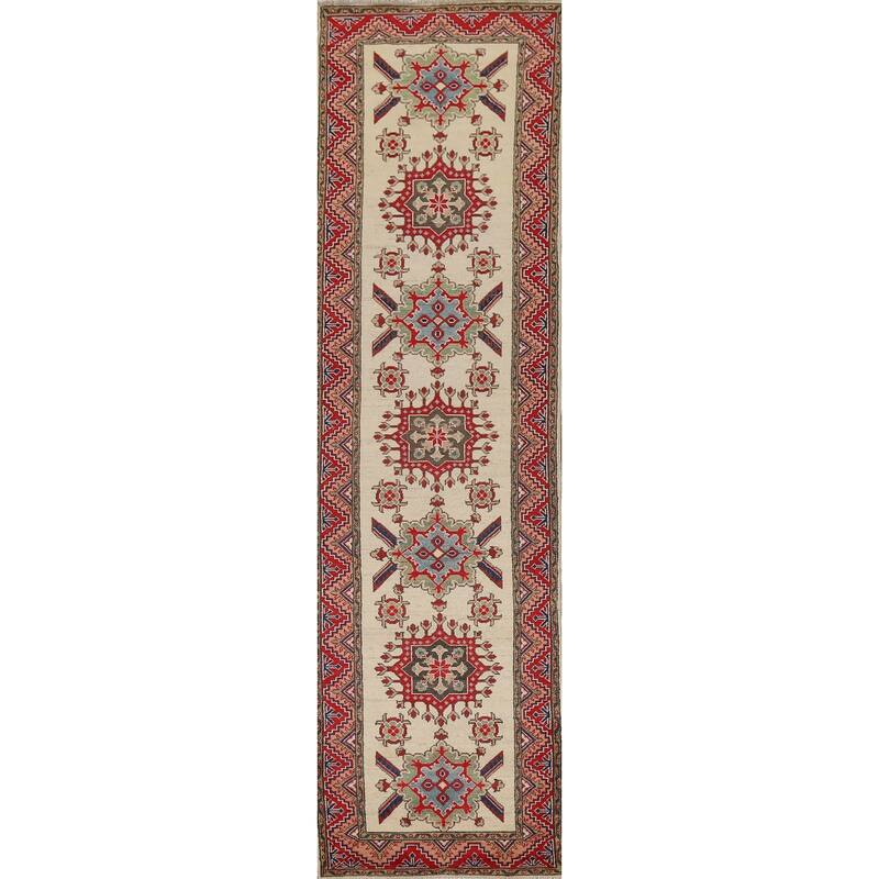 Hand Knotted Oriental 100% Wool Carpet Traditional Geometric Beige & Ivories Kazak Runner Rug - 12' 8'' X 2' 9''