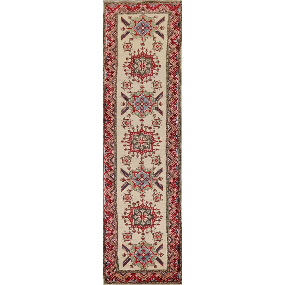 Hand Knotted Oriental 100% Wool Carpet Traditional Geometric Beige & Ivories Kazak Runner Rug - 12' 8'' X 2' 9''