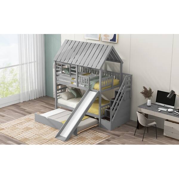 slide 2 of 31, House-shaped Roof Frame Bed Window Design House Bunk Bed Twin over Twin with Trundle Bed, Slide and Storage Staircase Gray - Twin