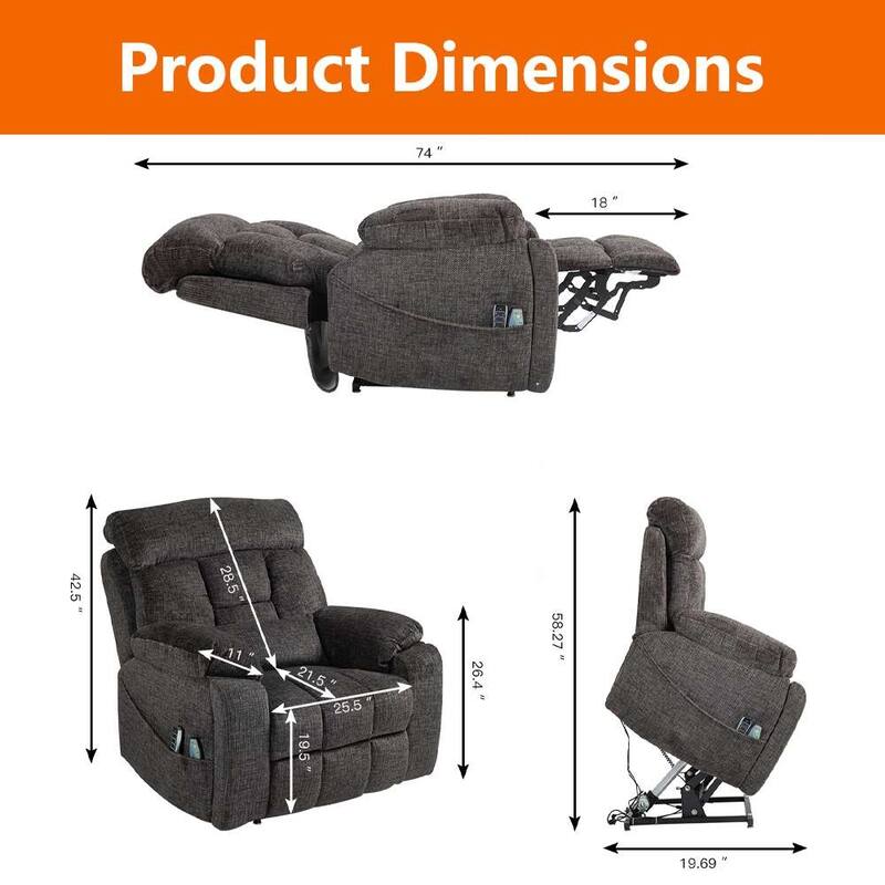 Upgraded Flagship 4-Motor Independent Control Oversized 180° Lay Flat Chenille Power Lift Recliner Chair