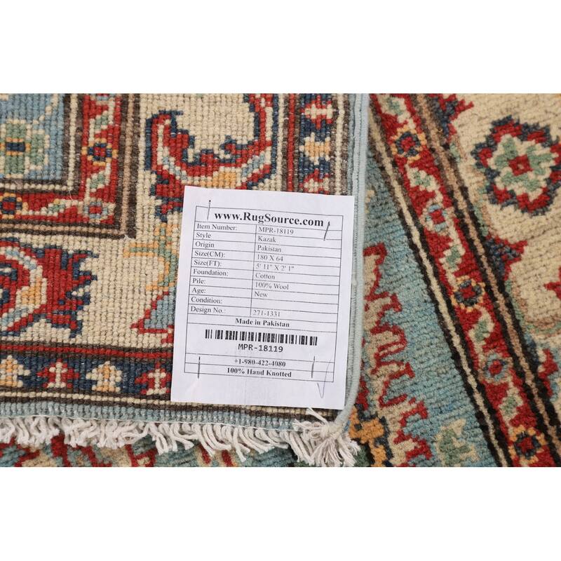 Light Blue Kazak Oriental Runner Rug Hand-Knotted Wool Carpet - 2'1" x 5'11"