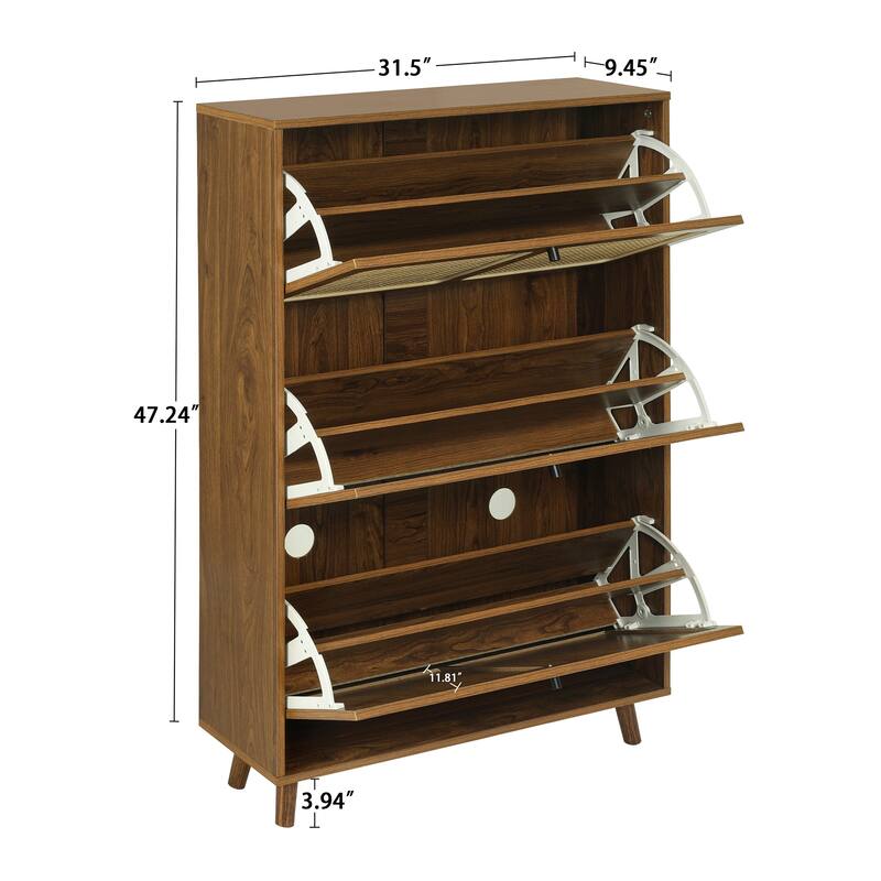 24 Pairs Wooden Rattan 3-Tier Flip-Up Shoe Storage Cabinet