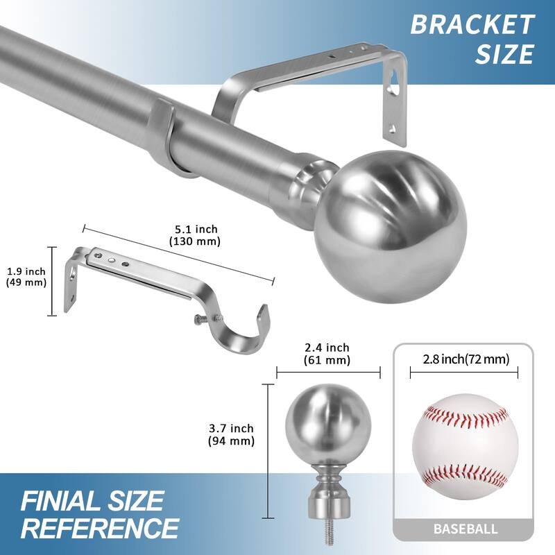 1-inch Diameter Steel Ball Adjustable Single Drapery Curtain Rod