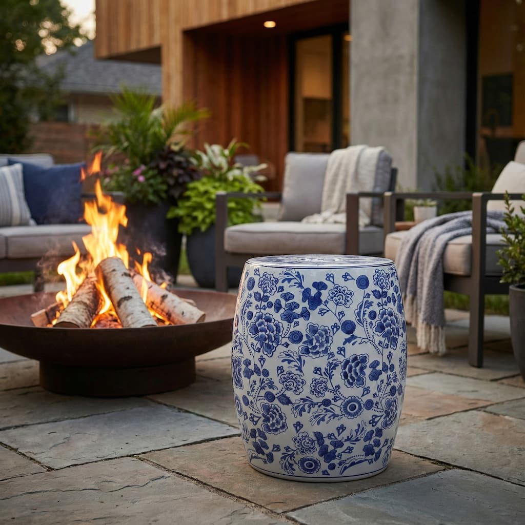 Ceramic Elegant Hydrangea Chinoiserie Stool - Blue, 17"