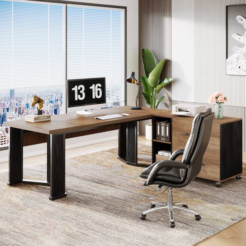 Brown Wood L Shaped Executive Desk Computer Desk with File Cabinet