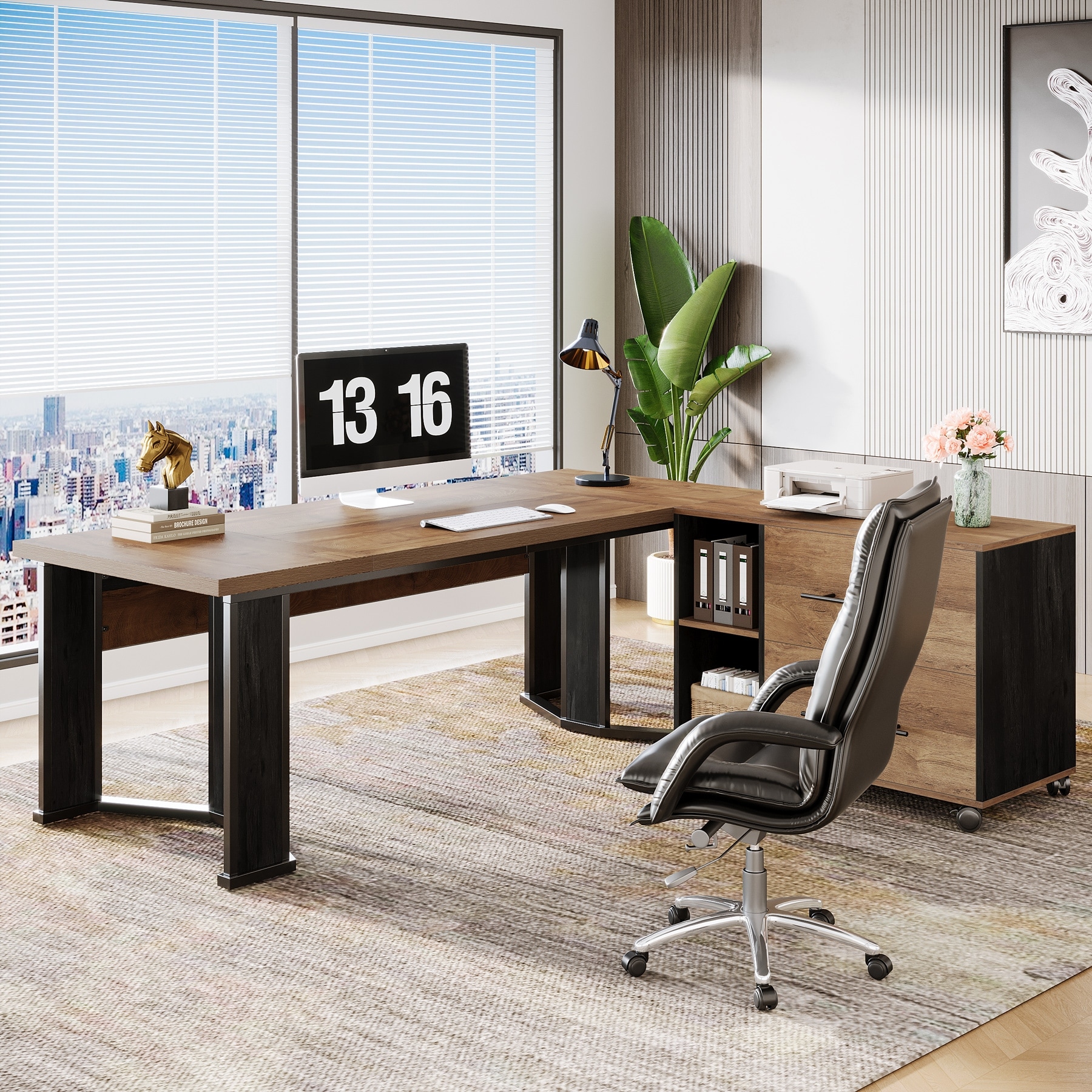 Executive Desk with File Cabinet, Large L Shaped Computer Office