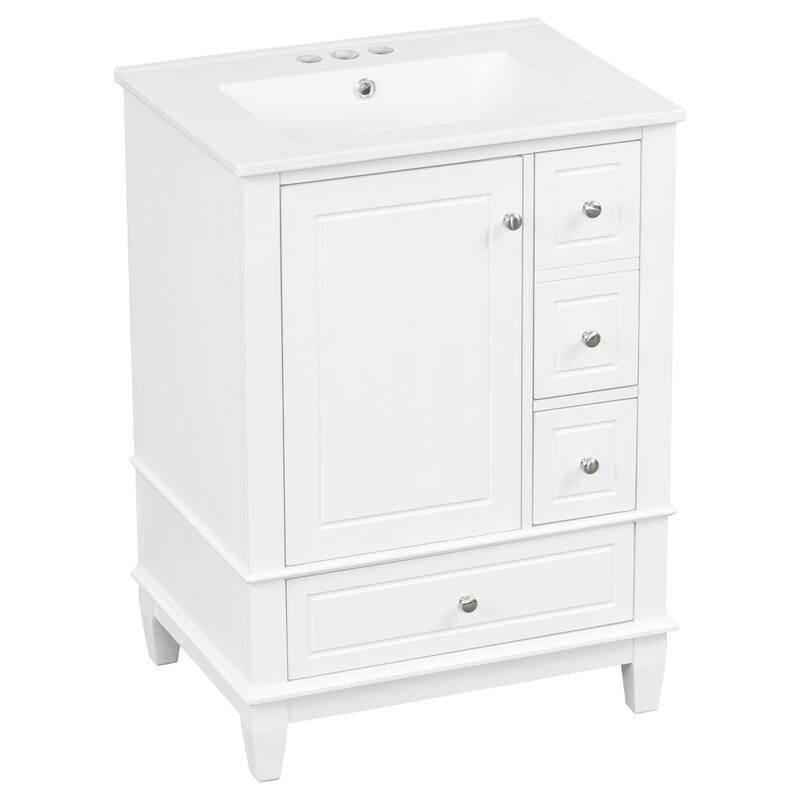 24" Freestanding Bathroom Vanity with Sink - Ceramic Top, Drawers & Shelves, MDF & Solid Wood Base, for Small Bathrooms