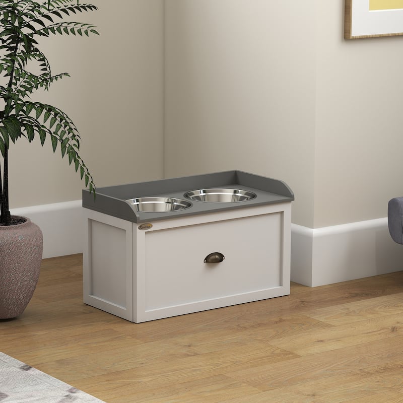 PawHut Dog Feeding Station with Storage Drawer, Removable Elevated Dog Bowls for Large Sized Dogs, White and Black