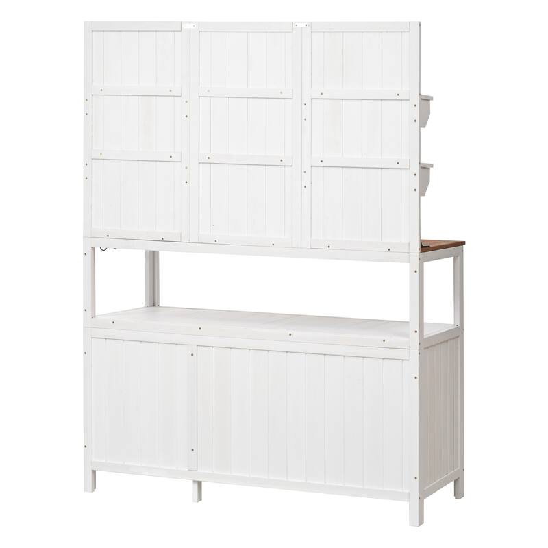 Potting Bench with Hutch, 50.2" Solid Fir Wood Garden Workstation, 2 Shelves, 2 Cabinets, 3 Side Hooks, Outdoor Planting Table