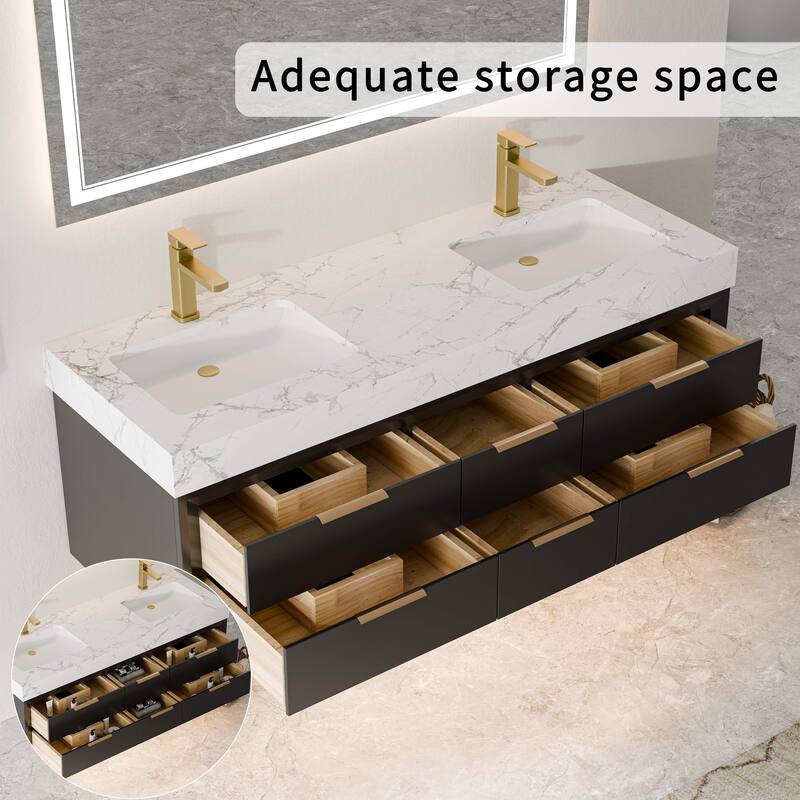 Modland 60" Modern Floating Bathroom Vanity with Double Sink, Soft-Close Drawers, White Stone Countertop