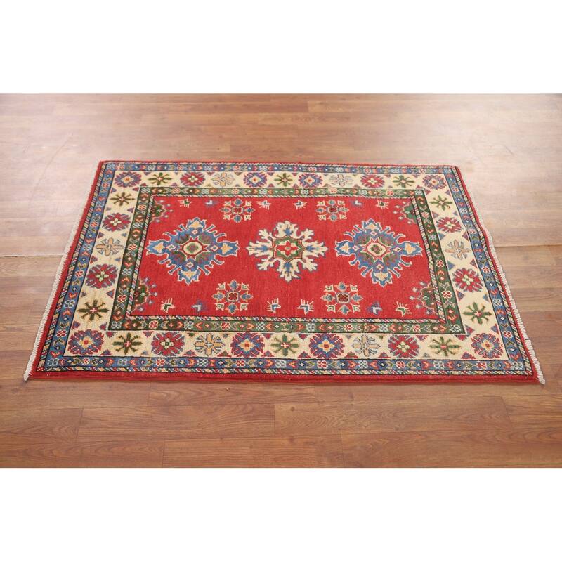 Geometric Red Kazak Oriental Accent Rug Handmade Wool Carpet - 2'10" x 4'2"