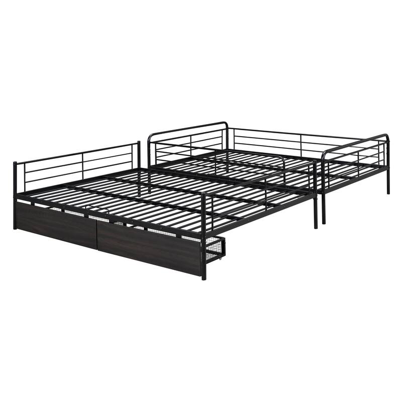 Full XL Over Queen Metal Bunk Bed with Chrome Finish, Storage Drawers, Safety Guardrails, and Space-Saving Design for Kids