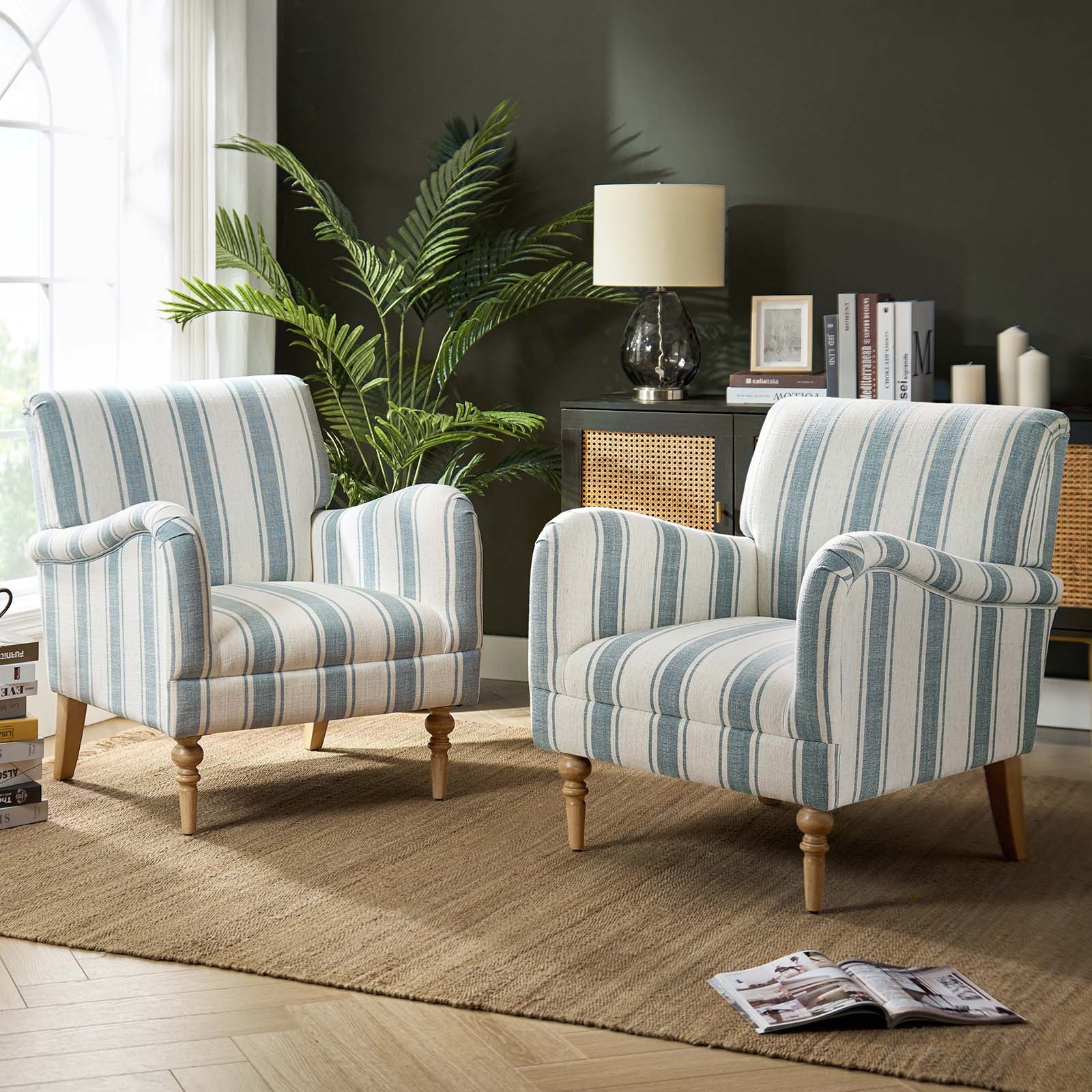 HULALA HOME Seip Classic and Contemporary Striped Arm Chair with Spindle and Wood Legs Set