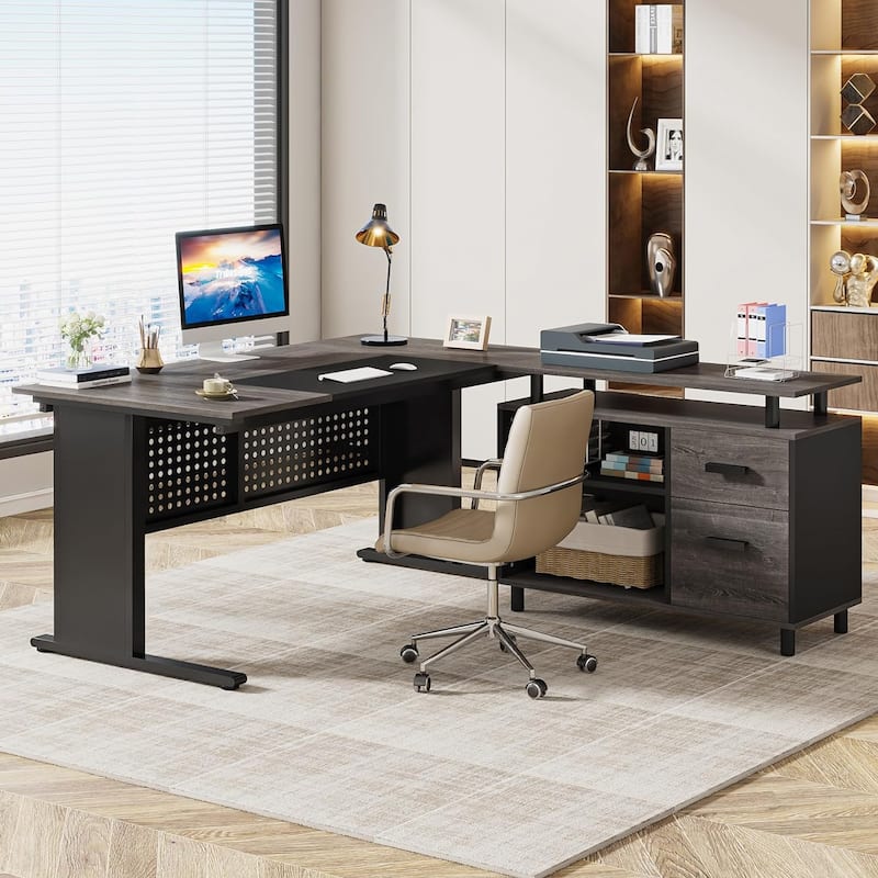 63" L-Shaped Executive Desk with File Cabinet in Gray and Black