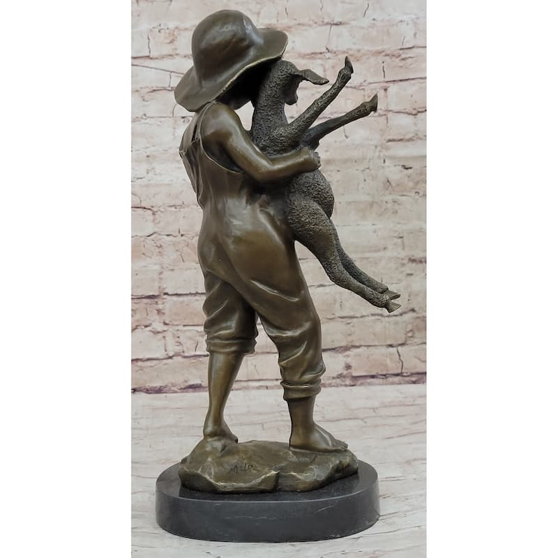 Real Bronze Metal Statue On Marble Base Young Farm Boy His Sheep Sculpture