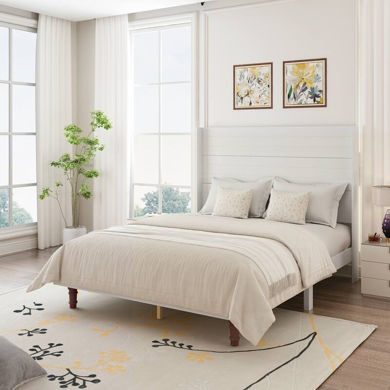54 "High Headboard Wood Platform Bed Frame - White - Queen