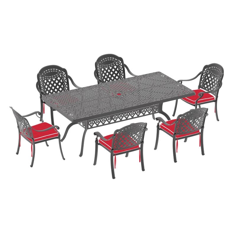 7/9-Piece Cast Aluminum Outdoor Dining Set with 82.68'' L X 41.34'' W Rectangular Table and Seat Cushions