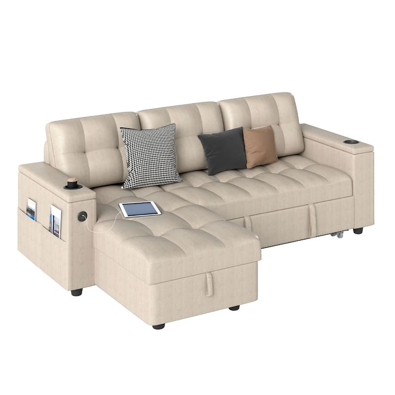Moasis 2-in-1 Convertible Sleeper Linen Sofa Bed Folding Futon Couch with Pullout Bed Multifunctional Sofa - Beige
