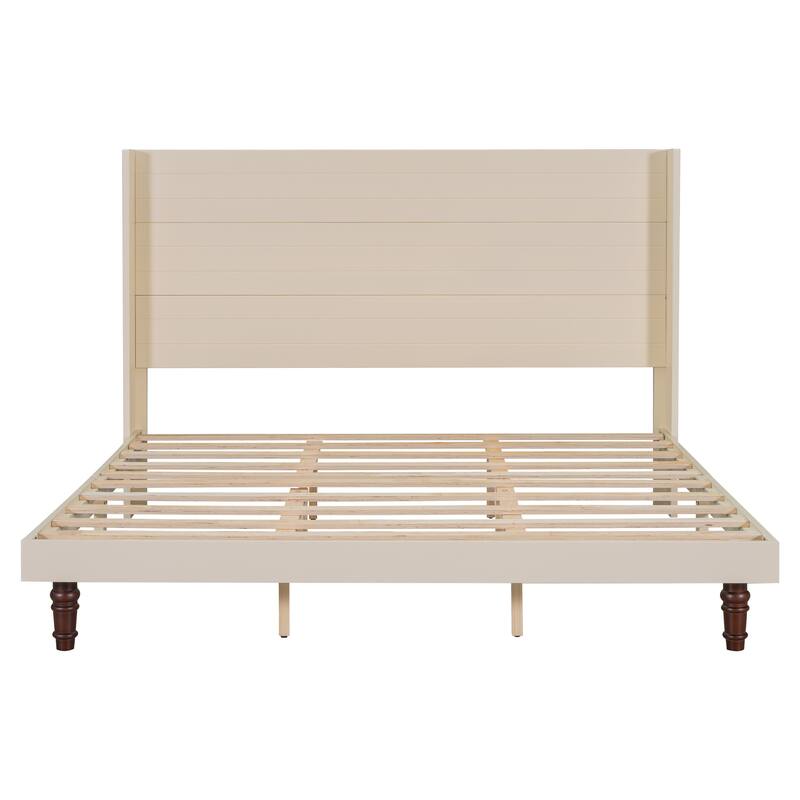 Elegant High Headboard King Size Bed, 54" Backrest Design for Relaxation & Reading, Beige