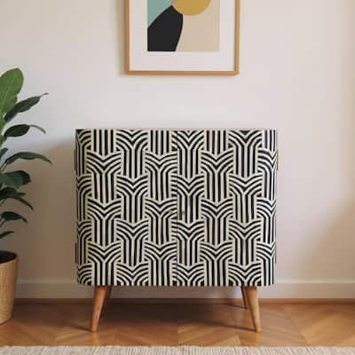 HomeRoots 32" Dark Brown Black and White Solid Wood And Inlaid Bone Textured Accent Cabinet With Two Doors