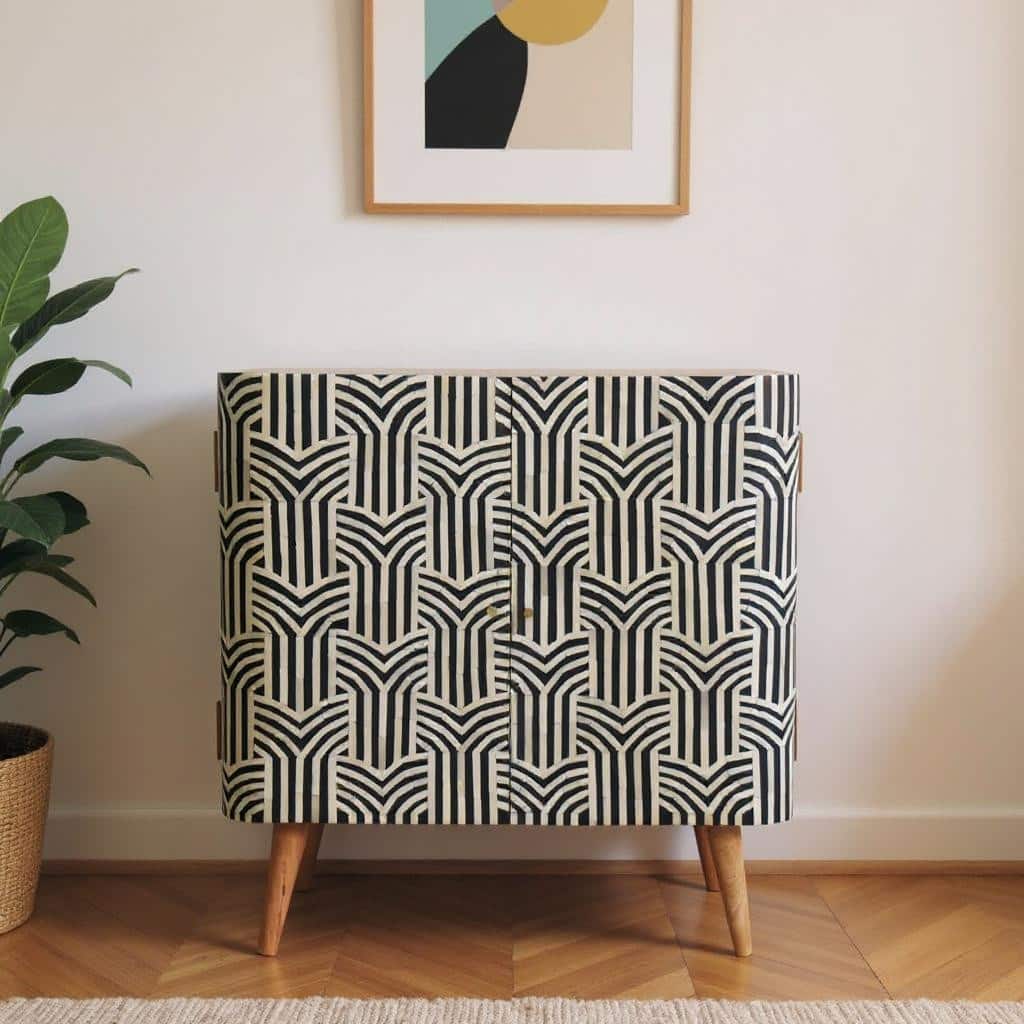 HomeRoots 32" Dark Brown Black and White Solid Wood And Inlaid Bone Textured Accent Cabinet With Two Doors