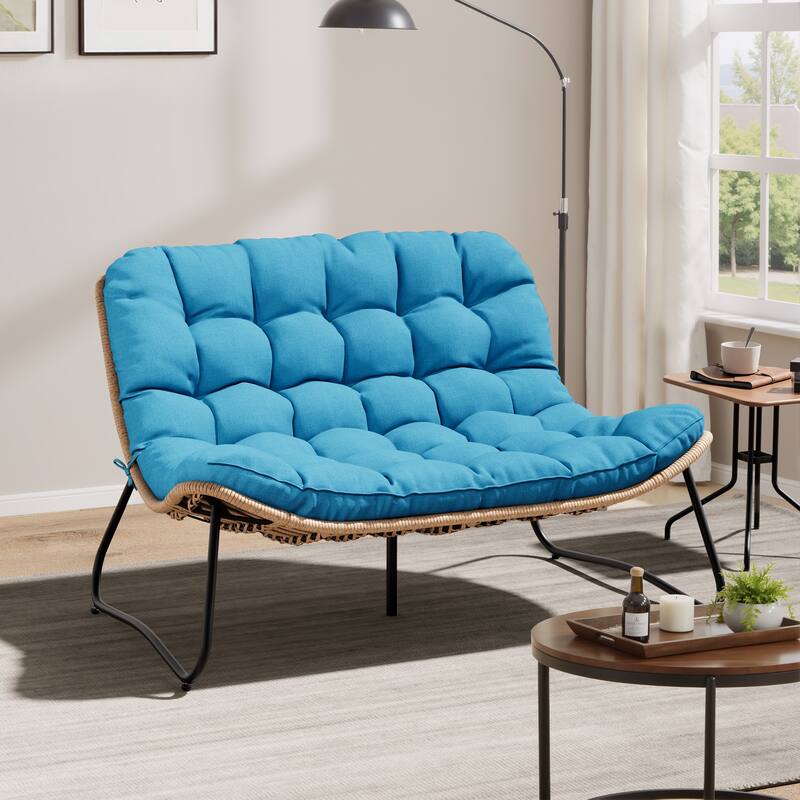Double Papasan Chair Loveseat Oversized PE Rattan Chair with Cushion - Blue