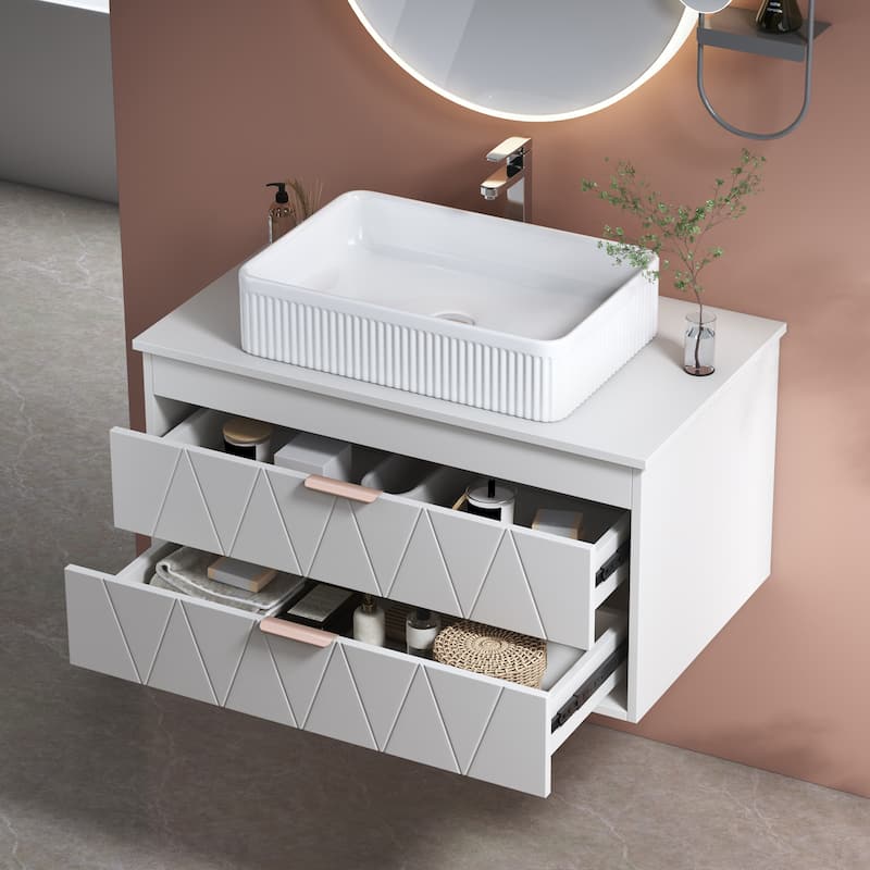 Wall-mounted Bathroom Vanity with Vertical Textured Ceramic Sink, Drawers with Diamond-patterned Design and Rose Gold Handles