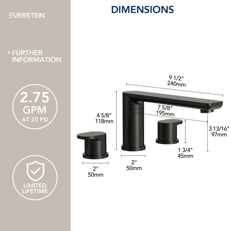 Modern Deck-Mount 2-Handle 360° Rotatable Bathtub Faucet Widespread 3 Hole Tub Filler