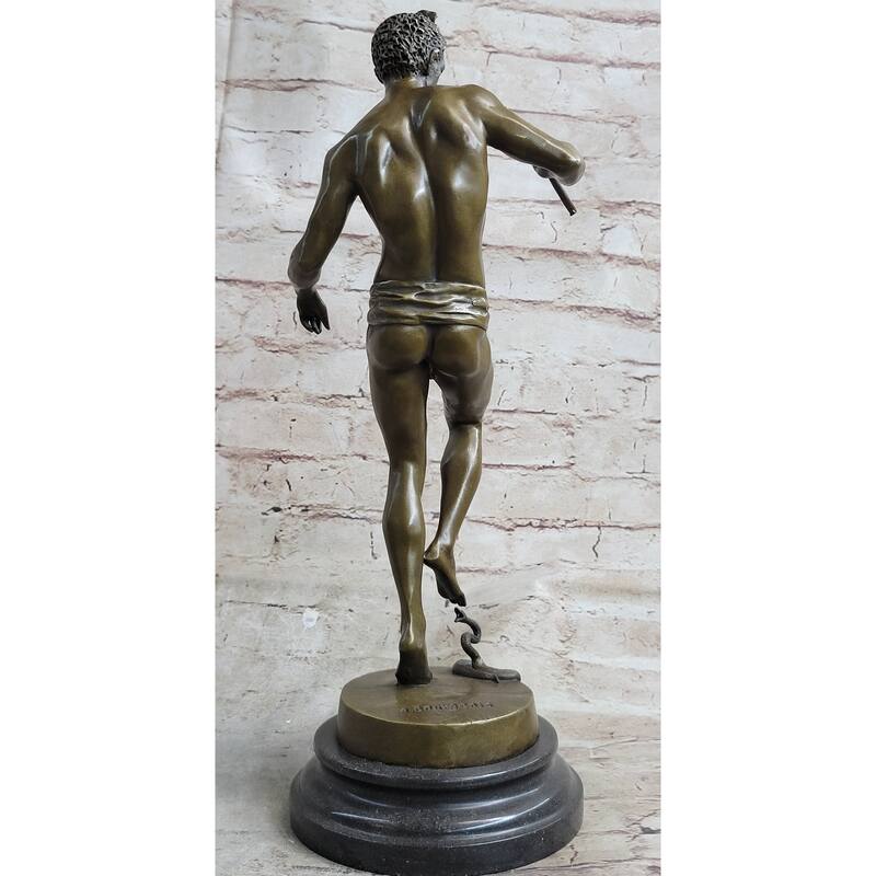 Signed Imitative Snake Charmer By Bourgeois Bronze Sculpture Marble Base Figurine Figure