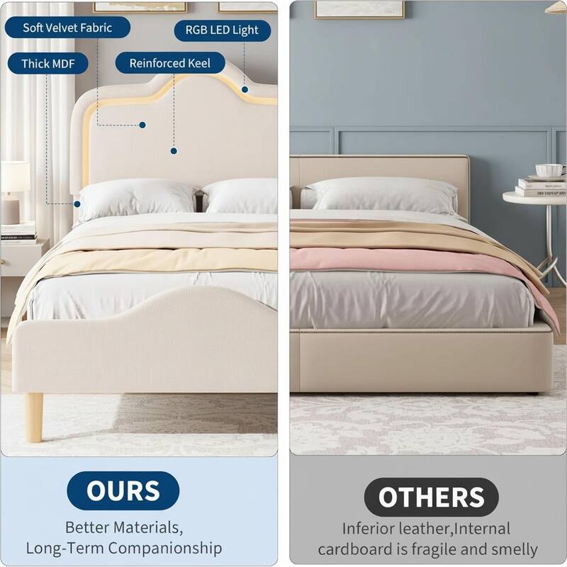 Bed Frame, Adjustable LED Headboard and Footboard