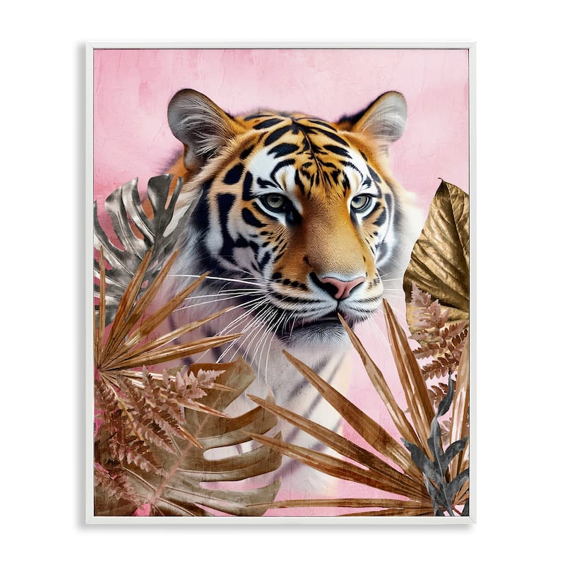 Stupell Exotic Tiger with Gold Leaves Framed Giclee Art Design By Kim Allen - 16 x 20 - White