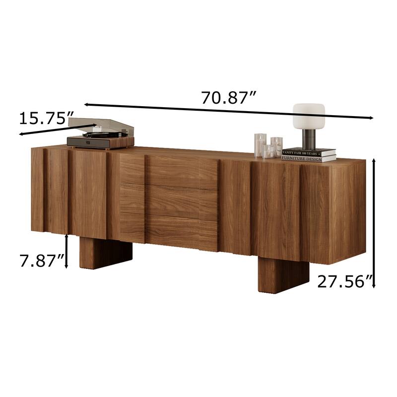 71" Mid Century Wood TV Stands, Brown Media Console with 3 Drawers and 2 Cabinets