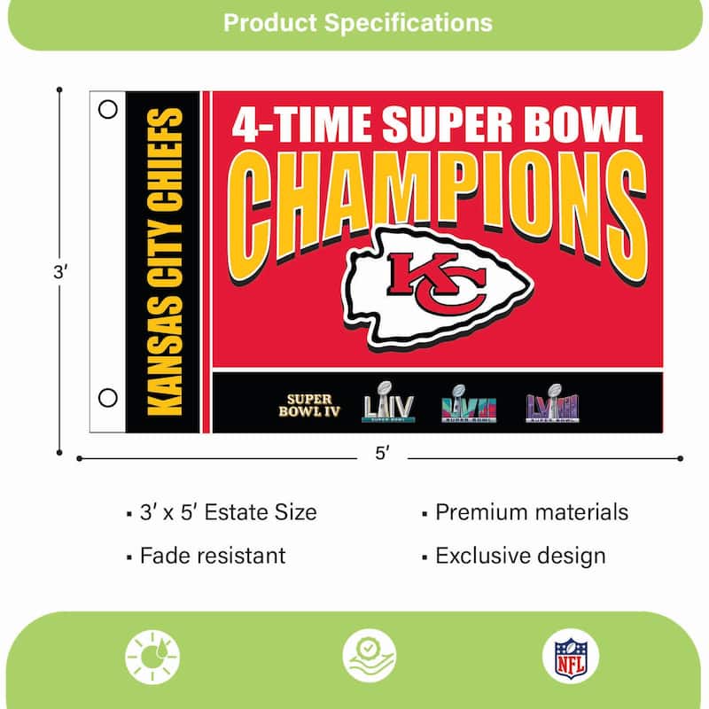 Kansas City Chiefs Single Sided Flag w/ 2 Grommets, 3'x5'