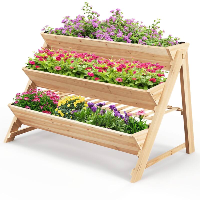 Gymax 3-tier Raised Garden Bed w/2 Side Hooks Storage Shelf Garden - Brown