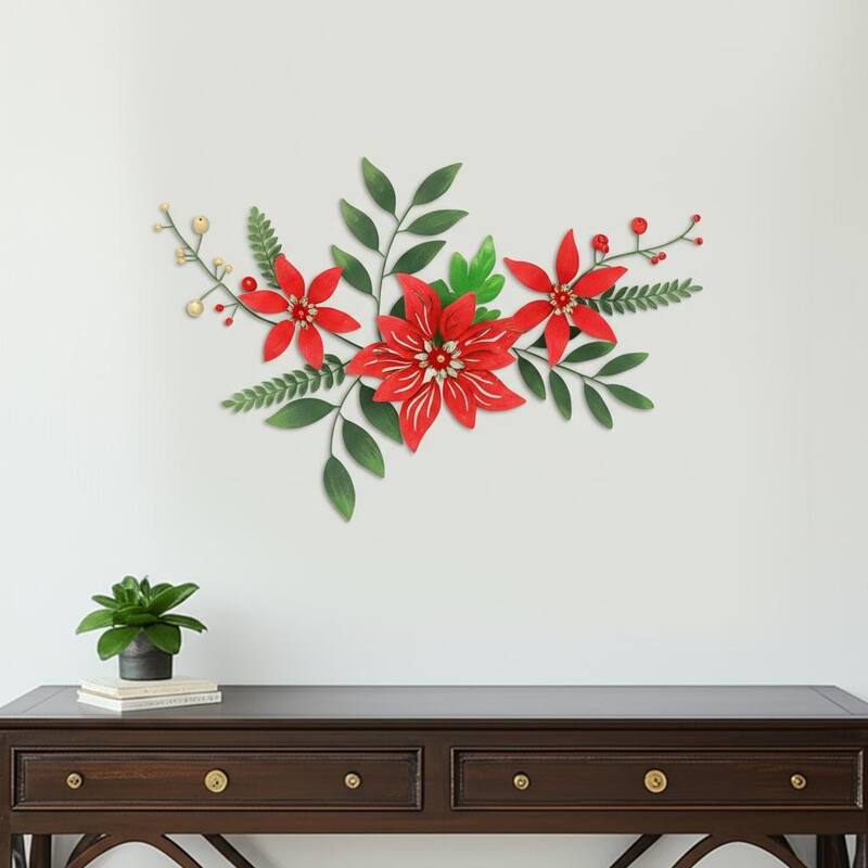 HomeRoots 15" X 22" Red Christmas Poinsettia Metal Hanging Dimensional Sculpture - Red - 21.50 in. x 14.50 in.  x 1.50 in.