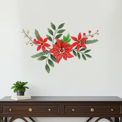 HomeRoots 15" X 22" Red Christmas Poinsettia Metal Hanging Dimensional Sculpture