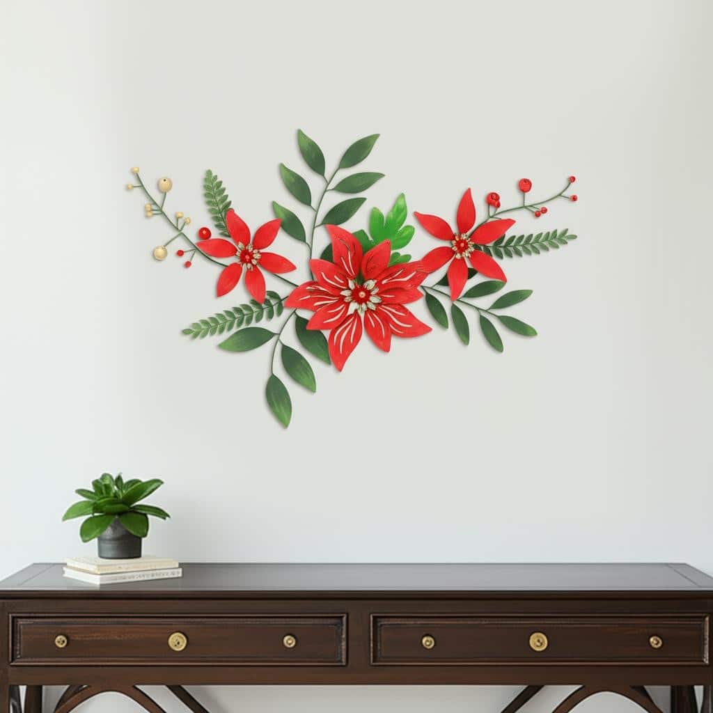 HomeRoots 15" X 22" Red Christmas Poinsettia Metal Hanging Dimensional Sculpture
